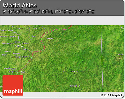 Satellite 3D Map of the Area around 9° 36' 8" N, 3° 28' 30" E