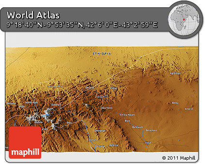 Physical 3D Map of the Area around 9° 36' 8" N, 42° 34' 30" E
