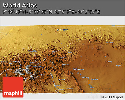 Physical 3D Map of the Area around 9° 36' 8" N, 42° 34' 30" E