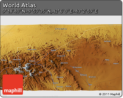 Physical 3D Map of the Area around 9° 36' 8" N, 42° 34' 30" E