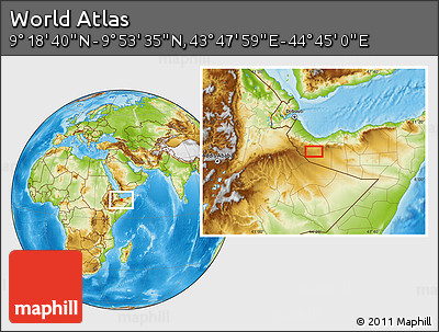 Physical Location Map of the Area around 9° 36' 8" N, 44° 16' 29" E