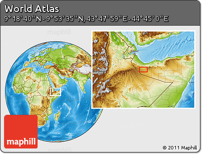 Physical Location Map of the Area around 9° 36' 8" N, 44° 16' 29" E