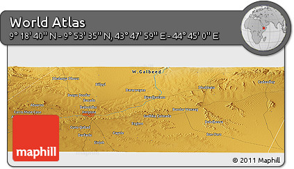 Physical Panoramic Map of the Area around 9° 36' 8" N, 44° 16' 29" E