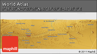 Physical Panoramic Map of the Area around 9° 36' 8" N, 44° 16' 29" E