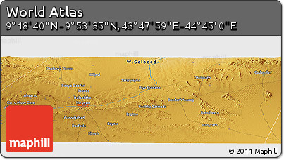 Physical Panoramic Map of the Area around 9° 36' 8" N, 44° 16' 29" E