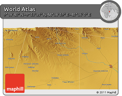 Physical 3D Map of the Area around 9° 36' 8" N, 45° 7' 30" E