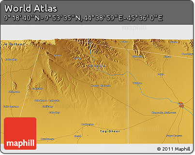 Physical 3D Map of the Area around 9° 36' 8" N, 45° 7' 30" E