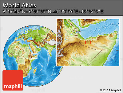 Physical Location Map of the Area around 9° 36' 8" N, 45° 7' 30" E