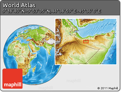 Physical Location Map of the Area around 9° 36' 8" N, 45° 7' 30" E