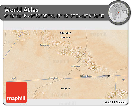 Satellite 3D Map of the Area around 9° 36' 8" N, 47° 40' 29" E
