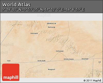 Satellite 3D Map of the Area around 9° 36' 8" N, 47° 40' 29" E