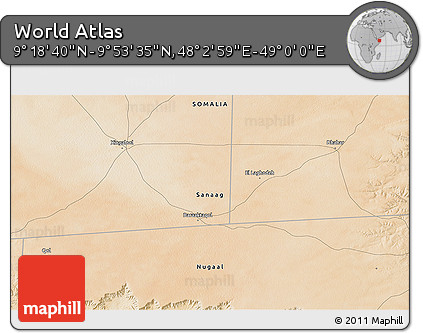 Satellite 3D Map of the Area around 9° 36' 8" N, 48° 31' 29" E