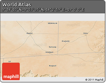 Satellite 3D Map of the Area around 9° 36' 8" N, 48° 31' 29" E