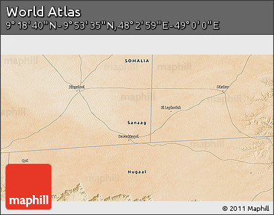 Satellite 3D Map of the Area around 9° 36' 8" N, 48° 31' 29" E