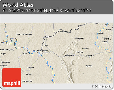 Shaded Relief 3D Map of the Area around 9° 36' 8" N, 4° 10' 30" W