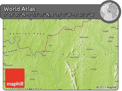 Physical Map of the Area around 9° 36' 8" N, 4° 10' 30" W
