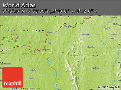 Physical Map of the Area around 9° 36' 8" N, 4° 10' 30" W