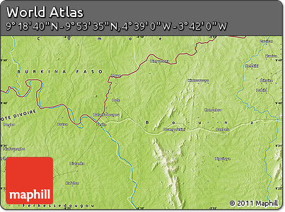 Physical Map of the Area around 9° 36' 8" N, 4° 10' 30" W