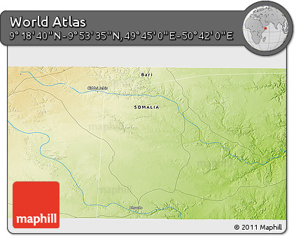 Physical 3D Map of the Area around 9° 36' 8" N, 50° 13' 30" E