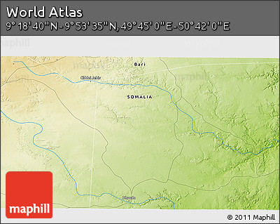 Physical 3D Map of the Area around 9° 36' 8" N, 50° 13' 30" E