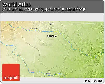 Physical 3D Map of the Area around 9° 36' 8" N, 50° 13' 30" E