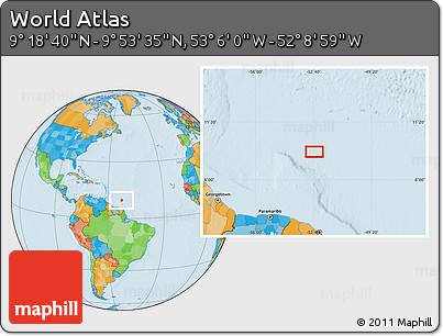 Political Location Map of the Area around 9° 36' 8" N, 52° 37' 30" W