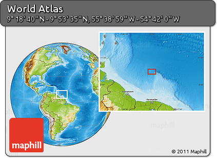 Physical Location Map of the Area around 9° 36' 8" N, 55° 10' 29" W
