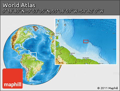 Physical Location Map of the Area around 9° 36' 8" N, 55° 10' 29" W