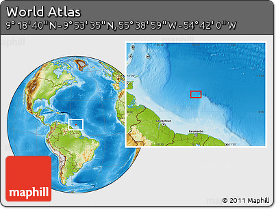 Physical Location Map of the Area around 9° 36' 8" N, 55° 10' 29" W