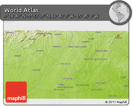 Physical 3D Map of the Area around 9° 36' 8" N, 66° 13' 29" W