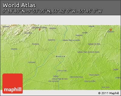 Physical 3D Map of the Area around 9° 36' 8" N, 66° 13' 29" W