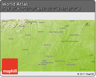 Physical 3D Map of the Area around 9° 36' 8" N, 66° 13' 29" W