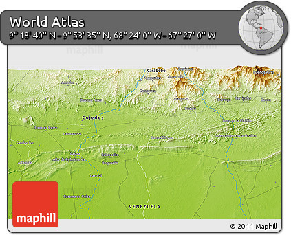 Physical 3D Map of the Area around 9° 36' 8" N, 67° 55' 30" W