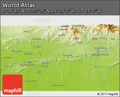 Physical 3D Map of the Area around 9° 36' 8" N, 67° 55' 30" W
