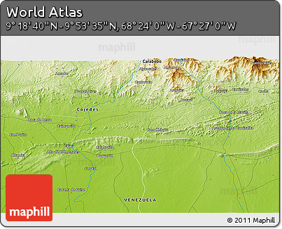 Physical 3D Map of the Area around 9° 36' 8" N, 67° 55' 30" W