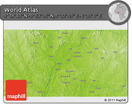 Physical 3D Map of the Area around 9° 36' 8" N, 6° 1' 30" E