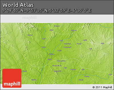 Physical 3D Map of the Area around 9° 36' 8" N, 6° 1' 30" E