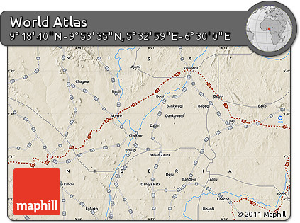 Shaded Relief Map of the Area around 9° 36' 8" N, 6° 1' 30" E