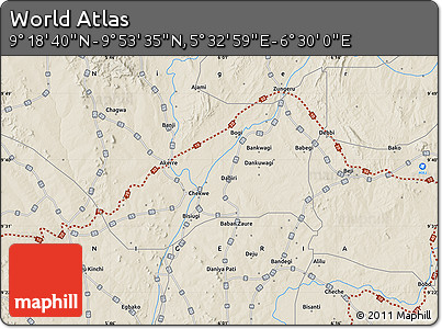 Shaded Relief Map of the Area around 9° 36' 8" N, 6° 1' 30" E