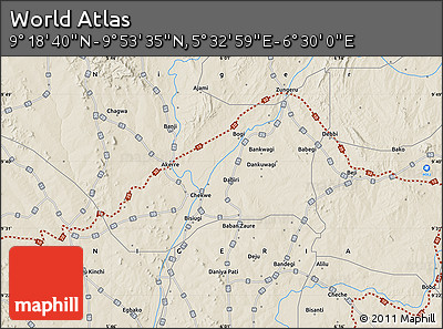 Shaded Relief Map of the Area around 9° 36' 8" N, 6° 1' 30" E