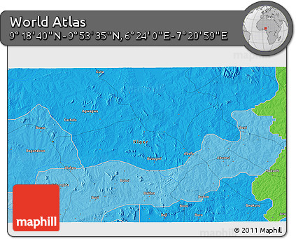 Political 3D Map of the Area around 9° 36' 8" N, 6° 52' 30" E