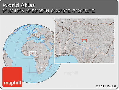 Gray Location Map of the Area around 9° 36' 8" N, 6° 52' 30" E