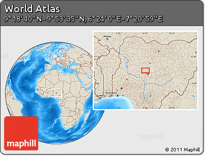 Shaded Relief Location Map of the Area around 9° 36' 8" N, 6° 52' 30" E