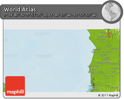Physical 3D Map of the Area around 9° 36' 8" N, 71° 19' 29" W