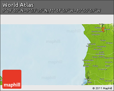Physical 3D Map of the Area around 9° 36' 8" N, 71° 19' 29" W