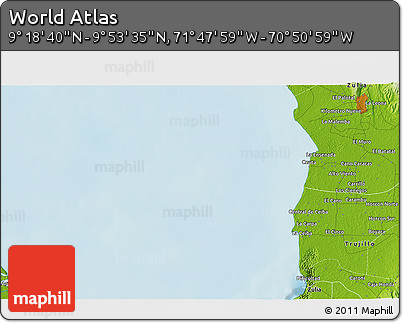 Physical 3D Map of the Area around 9° 36' 8" N, 71° 19' 29" W