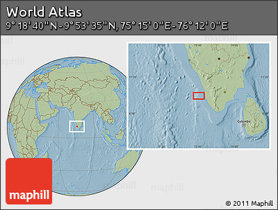 Savanna Style Location Map of the Area around 9° 36' 8" N, 75° 43' 29" E, hill shading