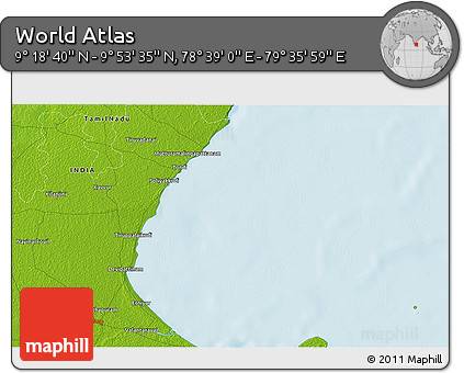 Physical 3D Map of the Area around 9° 36' 8" N, 79° 7' 30" E