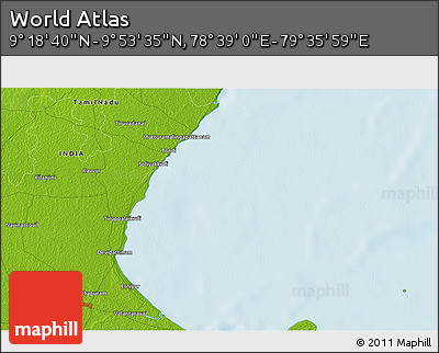 Physical 3D Map of the Area around 9° 36' 8" N, 79° 7' 30" E