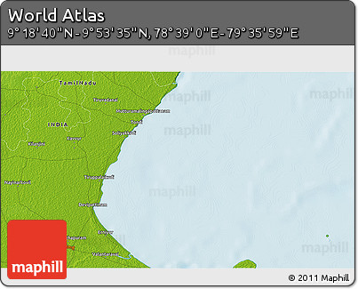 Physical 3D Map of the Area around 9° 36' 8" N, 79° 7' 30" E